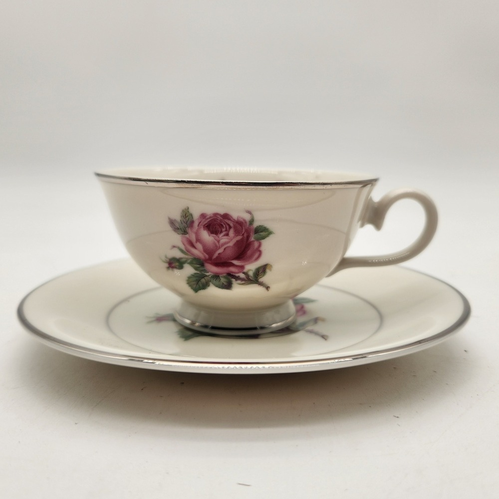 Ancestral Manor Rose Tea Cup and Saucer Fine Translucent‎ China Platinum USA